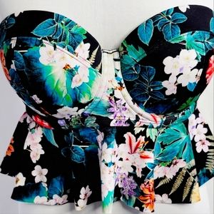 Torrid Strapless Black Floral Tropical Flounce Bikini Top Size 0